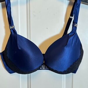 Victoria's Secret Midnight Blue Plunge Bra with Black Lace and Rhinestones